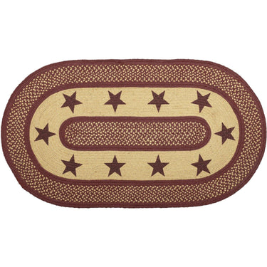 Burgundy Red Primitive Jute Braided Rug Oval Stencil Stars 27